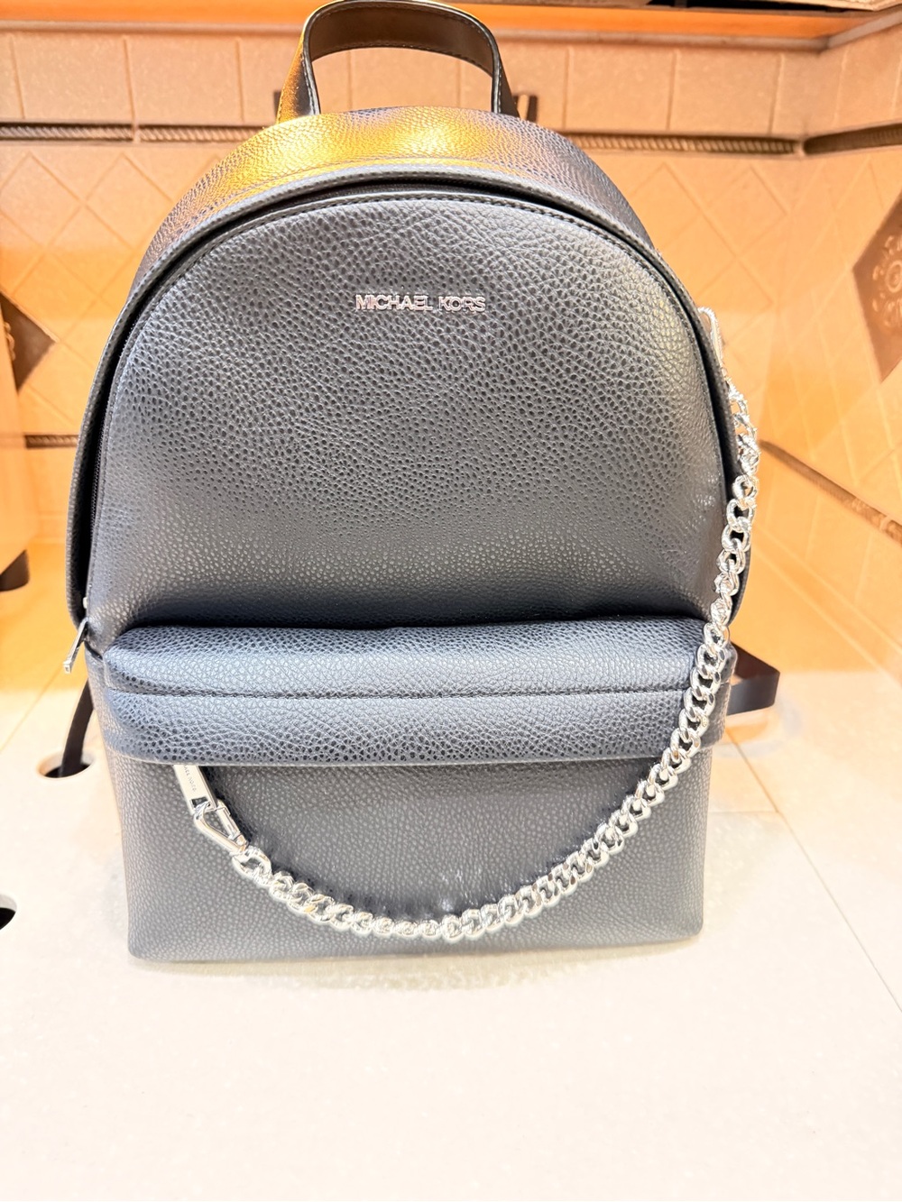 Michael Kors Black Pebbled Leather Mini Backpack with Silver Chain